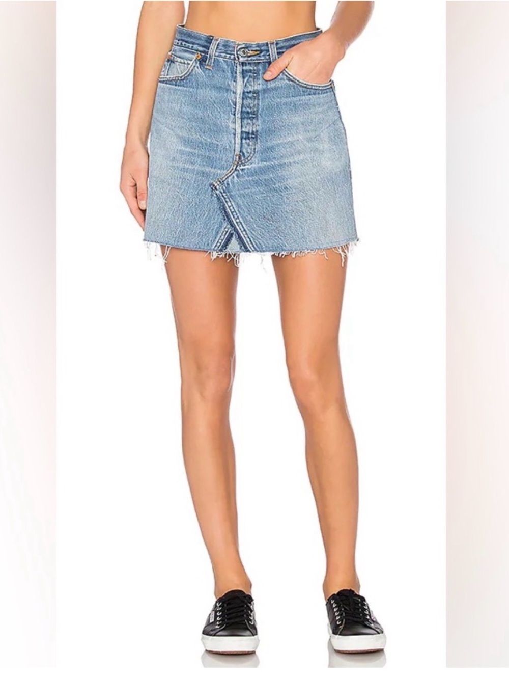 Re/Done High Rise Raw Hem Denim Mini Skirt